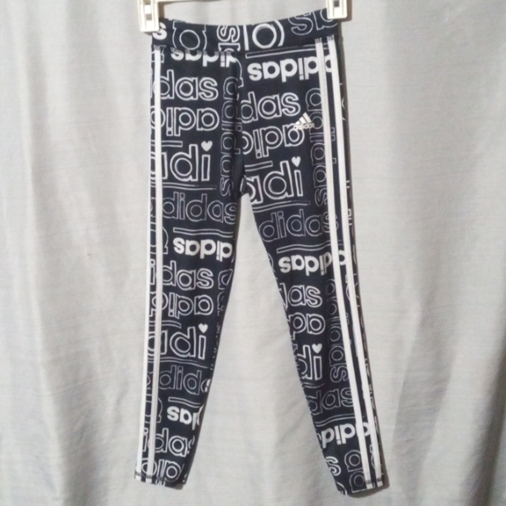 Adidas Youth Size 10 Black and White Leggings with "Adidas" and hearts